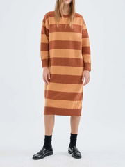 thanksgiving outfit JazzHer New Fashion Women Striped Sweater Midi Dress Long Sleeve Ribbed Drop Shoulder Straight Casual Dresses Hot Sale S M L