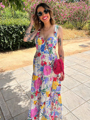 JazzHer Elegant Printed Ruffles Strap Dress Women Fashion Sleeveless Backless Patchwork Female Maxi Dresses 2024 Lady Holiday Beach Robe