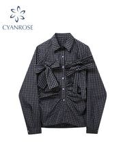 christmas outfit JazzHer Women's Plaid Shirts and Blouses Y2k Vintage 90s Aesthetic Harajuku 2000s Elegant Long Sleeve Bow Shirt Top Clothes 2025 Summer