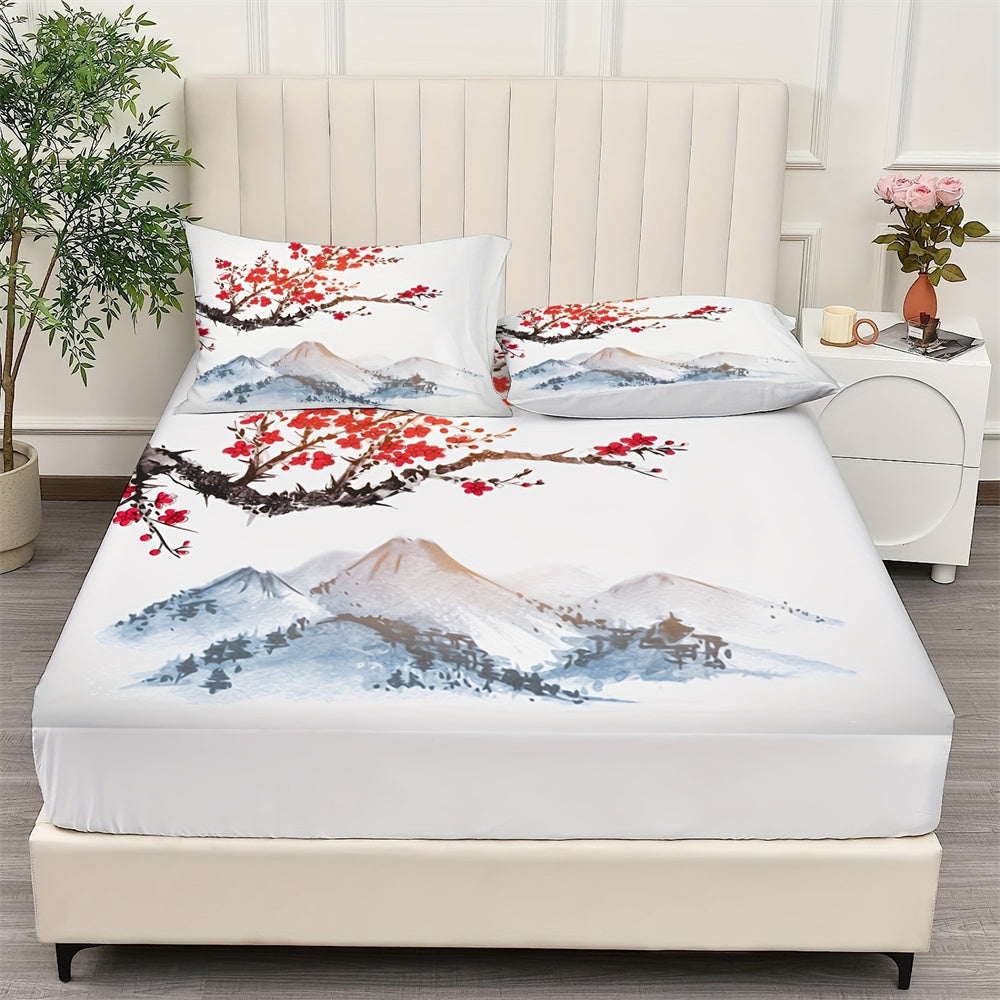 JazzHer Chinese Style Fitted Sheet Set Ink Painting Plum Mountains Print Mattress Covers Soft Breathable Bedding Set With Deep Pocket