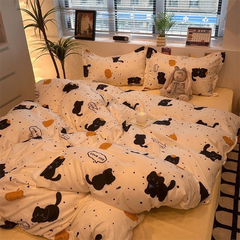 JazzHer Black Cat Pumpkin Bedding Set INS Cartoon Duvet Cover Set Queen King Quilt Cover Soft Bedclothes Flat Bed Sheets Set For Girls