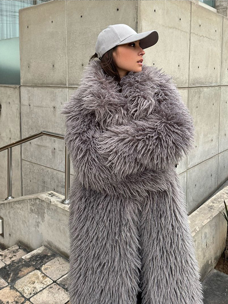 JazzHer Women's Fashion Grey Warm Faux Fur Long Coat 2024 Luxury Lapel Full Sleeve Thick Fluffy Overcoat Winter Casual Female Streetwear