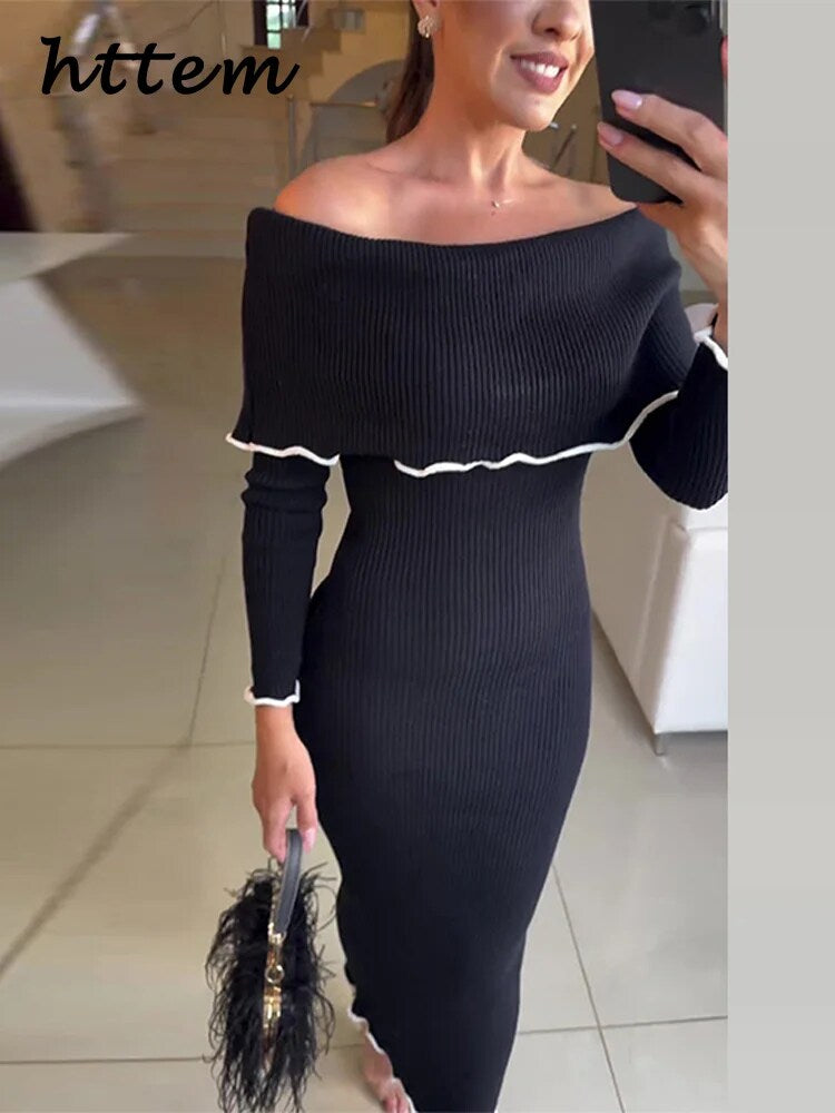 JazzHer Elegant Knit Off Shoulder Midi Dress Women Slim Slash Neck Long Sleeve Hip Package Female Dresses 2024 Autumn Lady Casual Robes