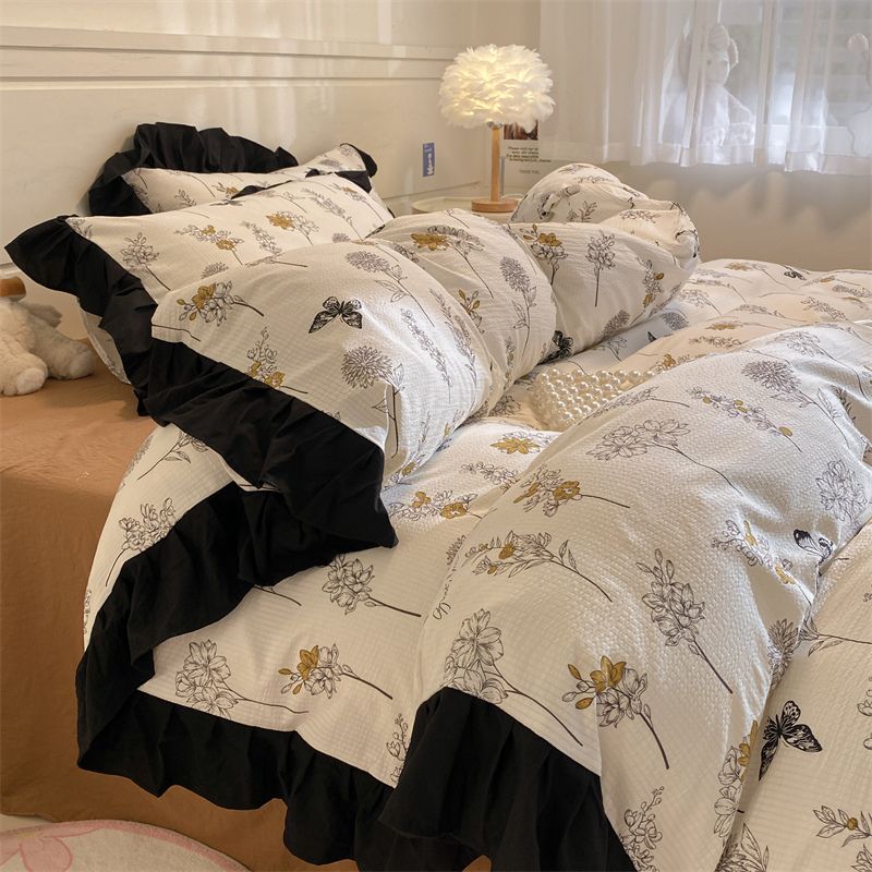 JazzHer Ins French Style Girls Heart Lace Bedding Set Bubble Wash Cotton Quilt Cover With Pillowcases Bed Sheet Set 4pcs