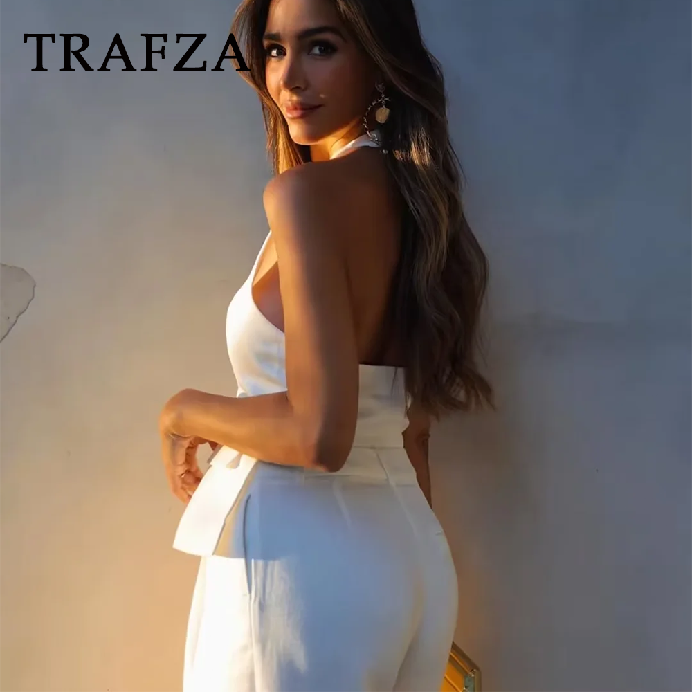 cold weather outfits JazzHer 2024 Spring Summer Casual Women Solid Suits Fashion V Neck Halter Single Breasted Vests+Chic High Waist Wide Leg Pants