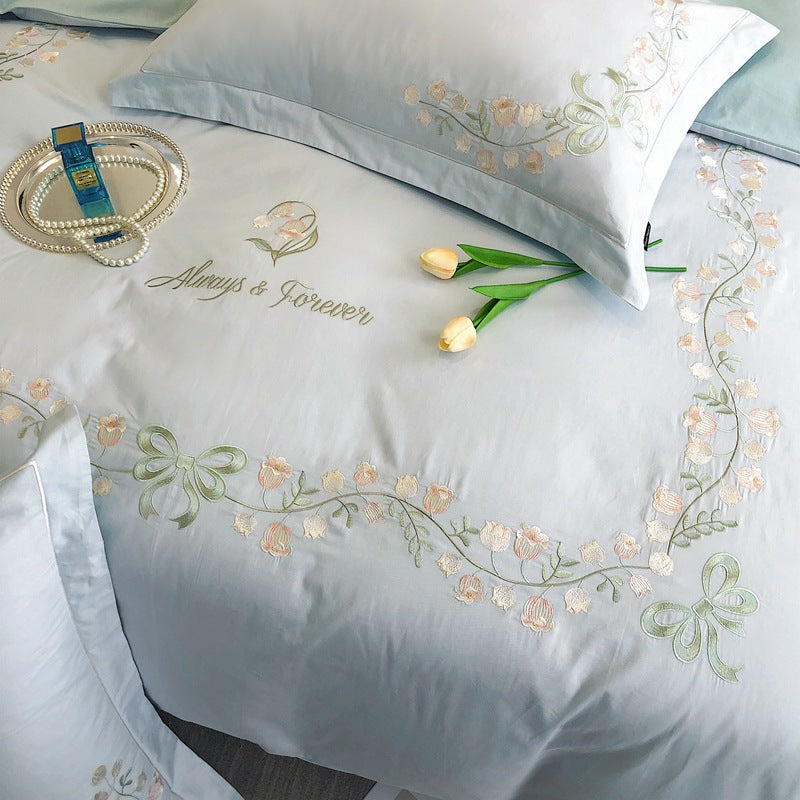 JazzHer New High-End Simple and Light Luxury Skin-Friendly Cotton Four-Piece Set Simple Embroidery Bedding Lily