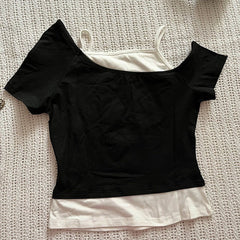 JazzHer Retro pattern Flower Print Sexy Slim Top Fake Two Design Sense Top Women Y2k Millenial Retro Halter T-Shirt Fake Two