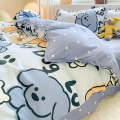 JazzHer Cute Dog Bedding Set New Design Girls Ins Duvet Cover with Zipper No Filler Flat Sheet Pillowcase Queen Size Bed Linens