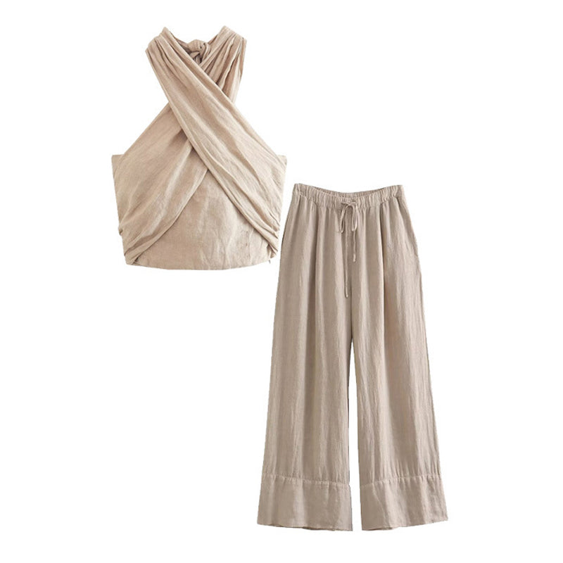 JazzHer Cotton Linen Pants Sets Women Fashion Halter Crop Top Two Piece Ladies Sets Flimsy Wide Leg Pants 2025 Newest Summer High Street