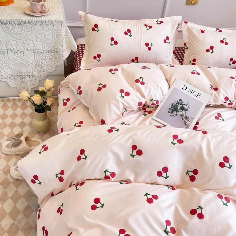 JazzHer Korean Style Bedding Set Twin Queen Size Cute Cream Cherry Duvet Cover Flat Sheet Pillowcase Polyester Boys Girls Bed Linen