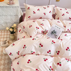 JazzHer Korean Style Bedding Set Twin Queen Size Cute Cream Cherry Duvet Cover Flat Sheet Pillowcase Polyester Boys Girls Bed Linen