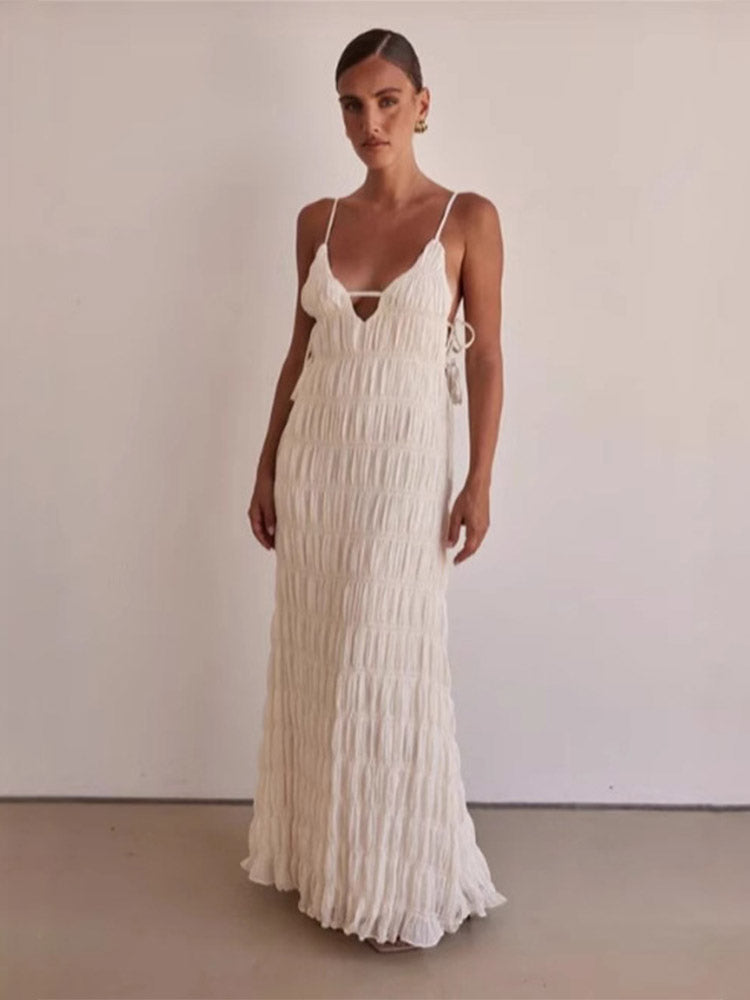 JazzHer Elegant Pleated Midi Women's Dress Fashion Sleeveless Backless V Neck Loose White Long Robe Female Summer Beach Dresses 2025 New