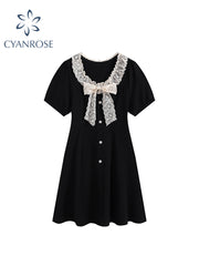 christmas outfit JazzHer Women Lace Patchwork Short Sleeve Black Gothic A-line Mini Dress Korean Harajuku Vintage Dress Y2k One Piece Frocks 2025 Summer