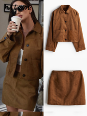 JazzHer Vintage Short Suede Jacket Mini Skirt Set Women Lapel Single Breasted Crop Coat A-line Skirts 2024 Autumn Lady Commute Outfit