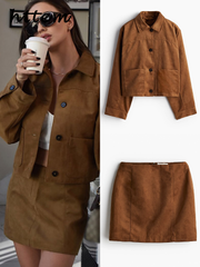 JazzHer Vintage Short Suede Jacket Mini Skirt Set Women Lapel Single Breasted Crop Coat A-line Skirts 2024 Autumn Lady Commute Outfit