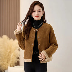 cold weather outfits JazzHer Winter Style Chamois Leather Lamb Wool Integrated Jacket Thickened Crew Neck Petite Cropped Top Stylish Warm For Cold Weather Sc