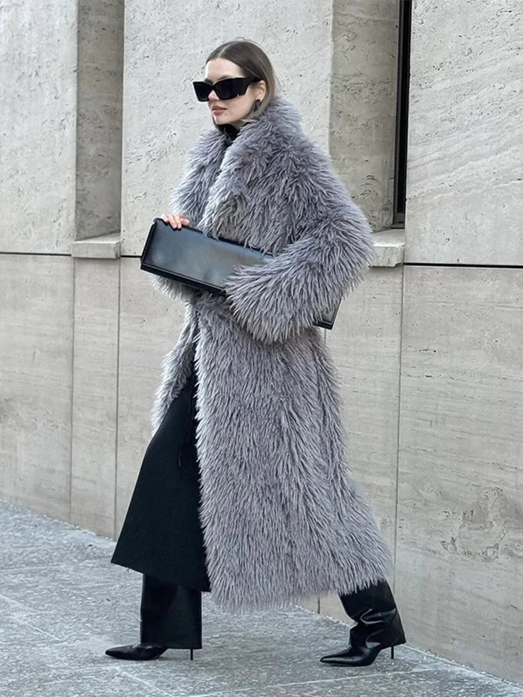 JazzHer Women's Fashion Grey Warm Faux Fur Long Coat 2024 Luxury Lapel Full Sleeve Thick Fluffy Overcoat Winter Casual Female Streetwear