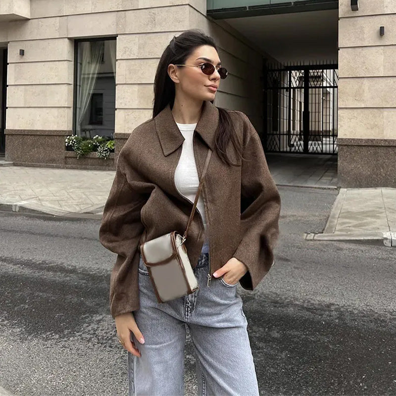 JazzHer Casual Solid Short Woolen Jacket Women Vintage Lapel Long Sleeve Zipper Crop Coats 2024 Autumn Lady Cozy High Street Outwears