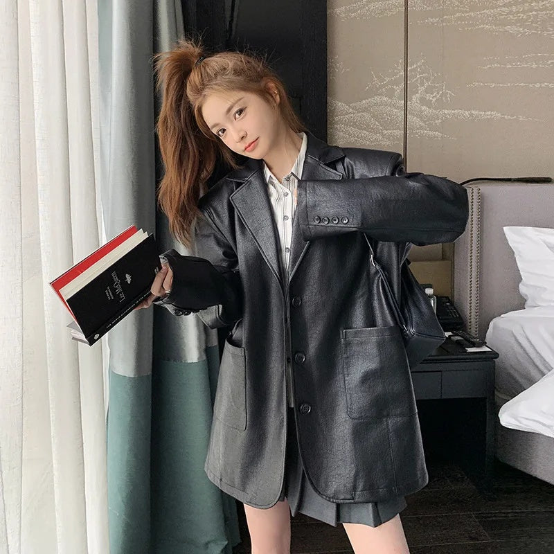 cold weather outfits JazzHer BlackPU Leather Suit Jacket Women's 2024 Spring Autumn New Style HongKong Vintage Casual Street Western-Style Clothes Top Leathe