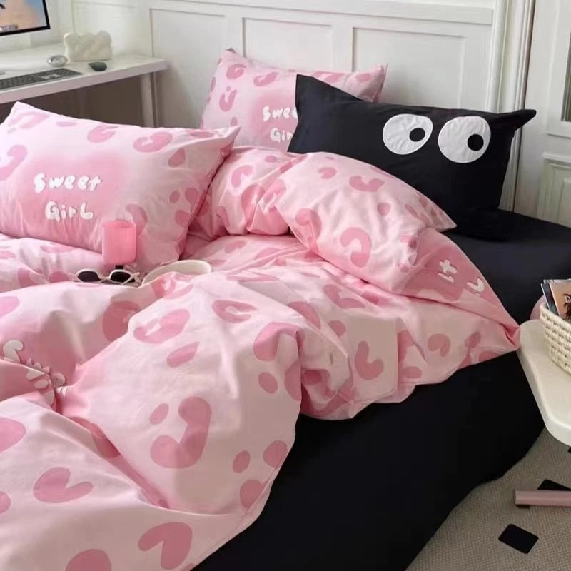 JazzHer Korean Style Pink Letter Bedding Set Flat Bed Sheet Pillowcase Twin Full Queen Size Bed Linen Women Girls Duvet Cover No Filling