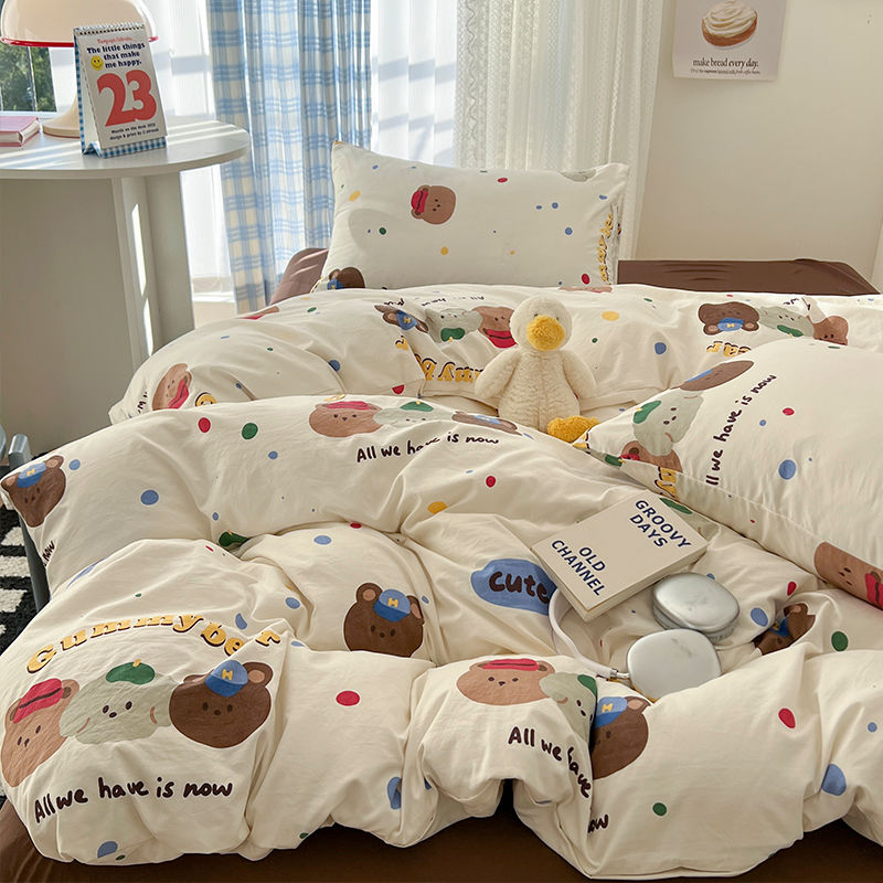 JazzHer Ins Korean Cartoon Little Bear Cute Bedding Set Autumn Winter Polyester Bed Sheet Pillowcase Twin Full Queen Size Quilt Cover