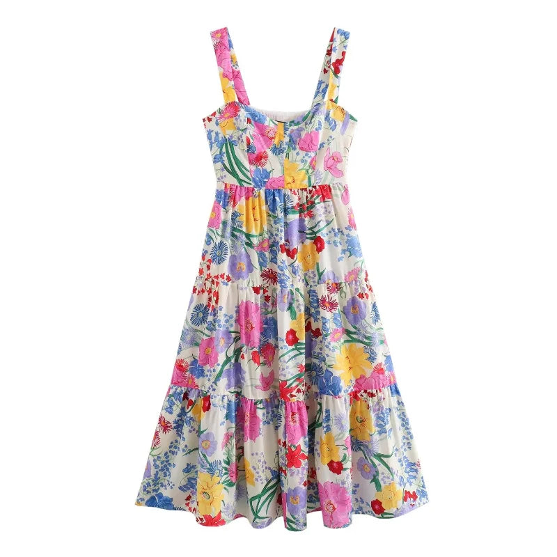 JazzHer Ladies Elegant Sweet Printed Ruffles Strap Summer Dress Women Sleeveless Backless Patchwork Holiday Beach Robe Maxi Dress Female