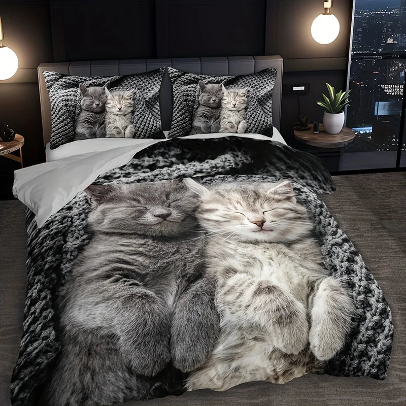 JazzHer 3pcs Cat Animal Duvet Cover Set 3D Cute Pet Cat HD Printing Bedding For Home Dorm