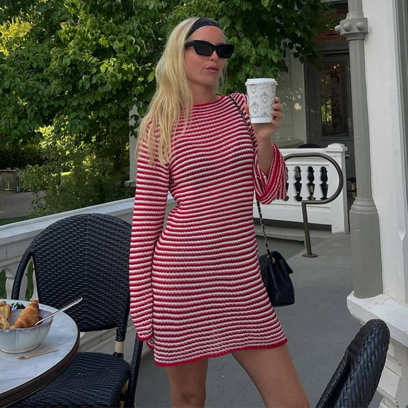 thanksgiving outfit JazzHer Striped Knit Short Dress For Women Casual O Neck Long Sleeves Mini Dresses Female 2024 Autumn Fashion Chic Beach Vestidos Lady