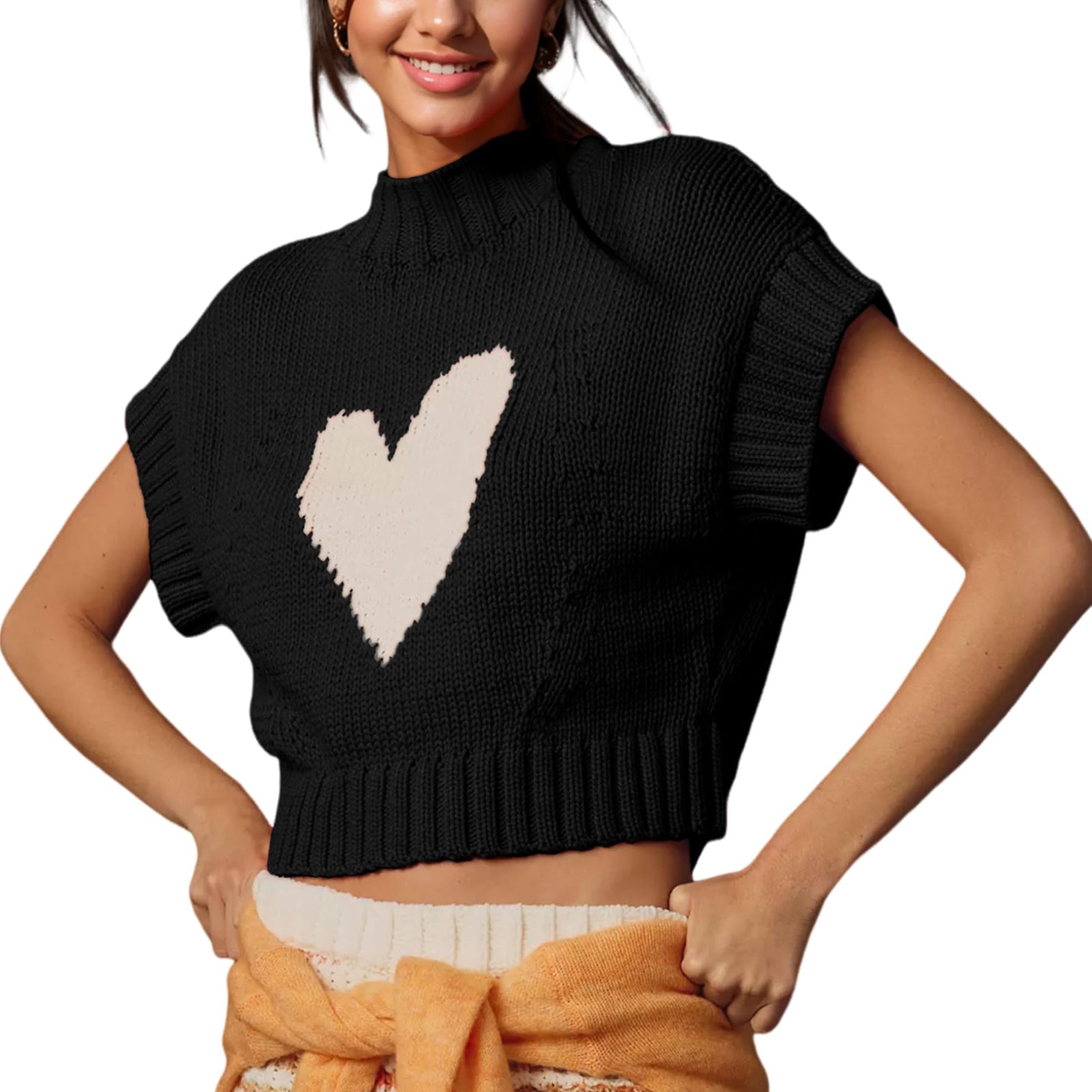 thanksgiving outfit JazzHer Womens Short Sleeve Sweater Heart Mock Neck Crop Knitted Tops Casual Streetwear for Daily Office Party