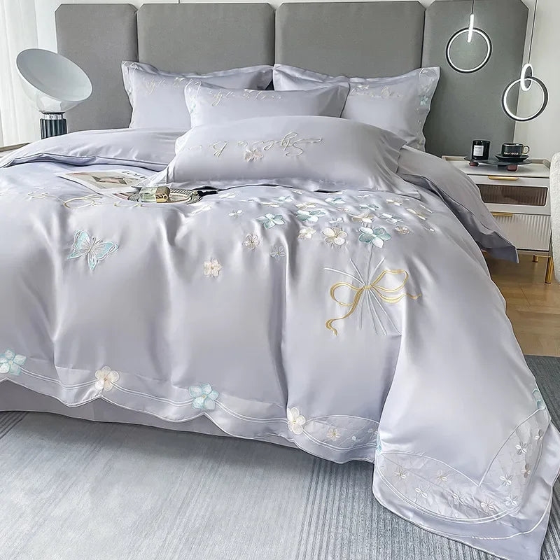 JazzHer Fresh 120 Cotton Four-Piece Set Girl's Heart Butterfly Embroidered Cotton Quilt Cover Fitted Sheet Bare Sleeping Bedding