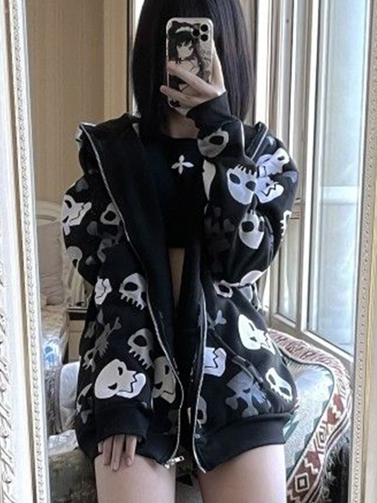 JazzHer Cyberpunk Y2k Sweatshirt Women Mall Goth Harajuku Skull Printed Long Sleeve Zipper Cardigan Hoodie Emo Alt Indie Clothes