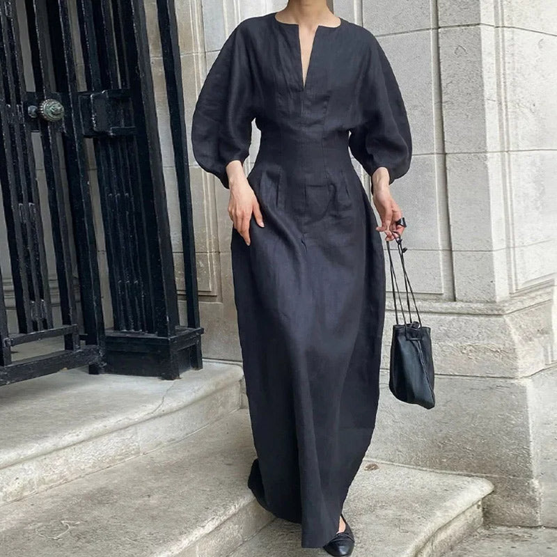 JazzHer Elegant Pleated Cotton Linen Long Dress Women Casual Loose V-neck Half Lantern Sleeve Female Dresses 2024 Autumn Lady Solid Robe