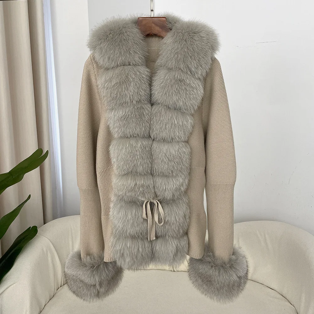 cold weather outfits JazzHer Autumn/winter New Arrival Detachable Real Fox Fur Placket Sleeve Opening Knitted Top Leather Jacket V-neck Pullover