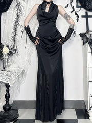 JazzHer Elegant Dark Gothic Party Dress Women Fairycore Grunge Aesthetic Halter Sleeveless High Waist Halter Midi Dress Female