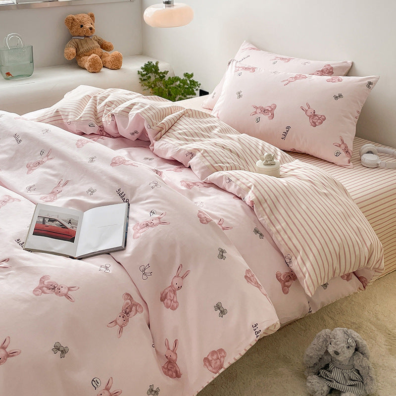 JazzHer Cotton Bedding Set Floral Rabbit Ins No Filler Duvet Cover Flat Sheet Pillowcase Full King Size Soft BedSpread Home Textile