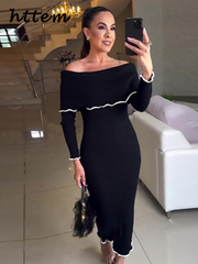 JazzHer Elegant Knit Off Shoulder Midi Dress Women Slim Slash Neck Long Sleeve Hip Package Female Dresses 2024 Autumn Lady Casual Robes