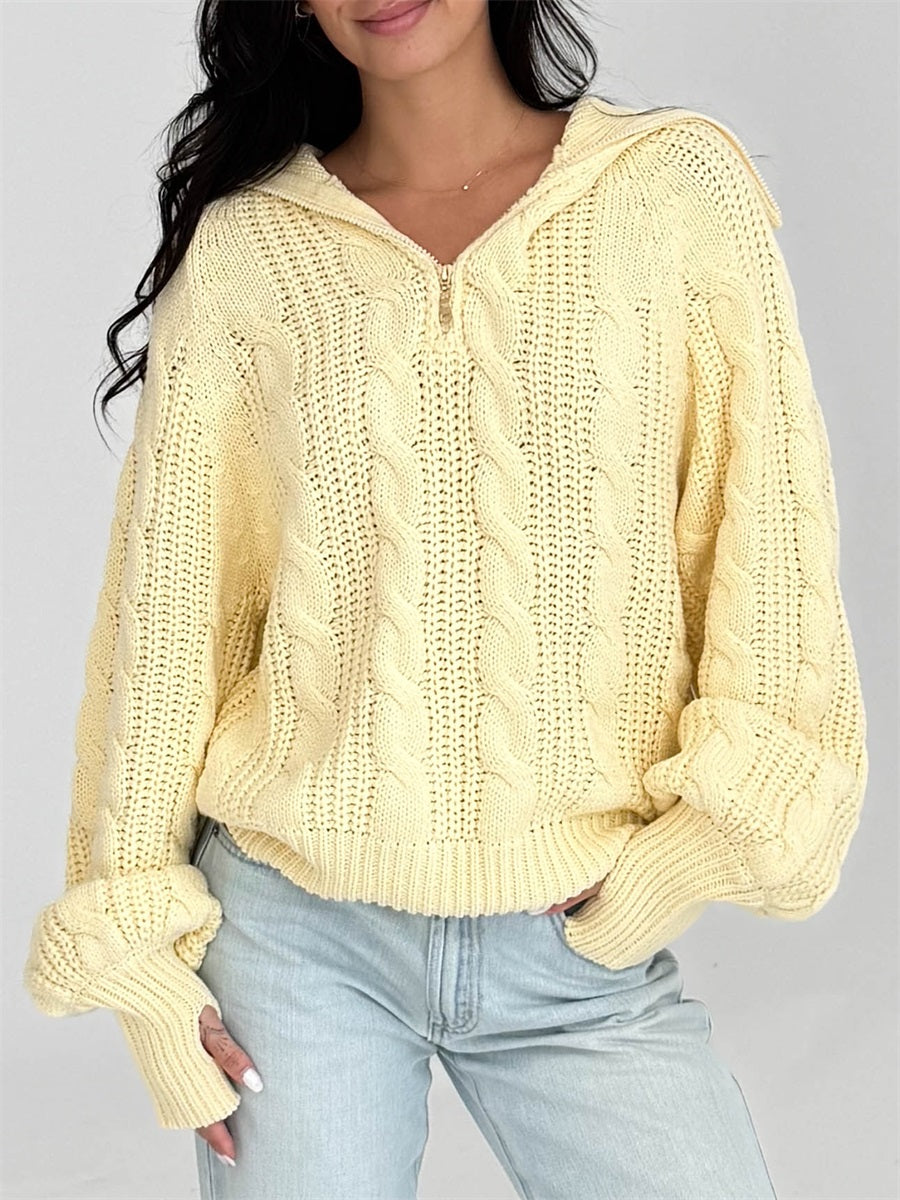 thanksgiving outfit JazzHer Women's Autumn Zip Up Sweater Long Sleeve Lapel Solid Color Knit Cable Knitwear