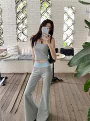 JazzHer 2025 New Temperament Fashion Gyaru Set Women Summer Contrast Color Tube Top Vest Slightly Flared Trousers Two-piece Set Fashion