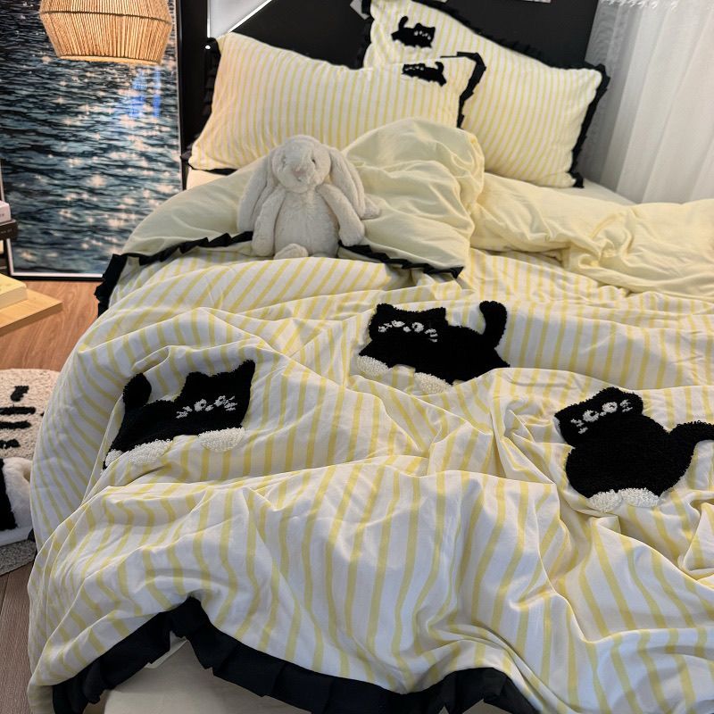 JazzHer Pink Striped Cat Embroidery Bedding Set Korean Style Washing Cotton Cute Cardboard Duvet Cover Bed Sheet Pillowcases 3/4pcs