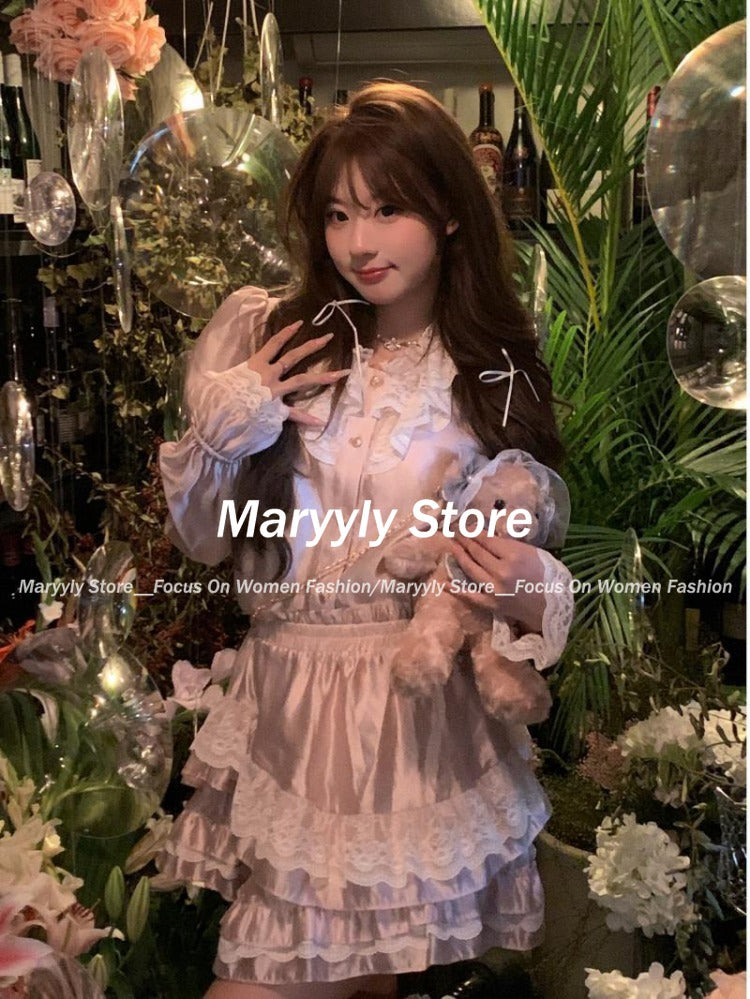 JazzHer Autumn Japanese Sweet Lace 2 Piece Set Women Elegant Y2k Crop Tops + Cute High Waist Mini Skirt Lolita Princess Skirt Outfits