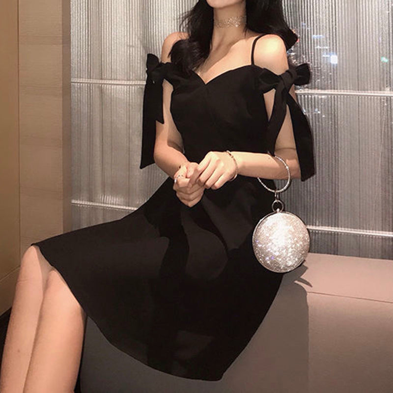 JazzHer Summer Dress Women Black Elegant Chic Tie Bow Slash Neck Dress Korean A Line Backless Party Solid Vestidos New