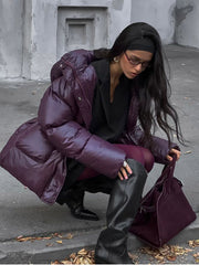 JazzHer Winter Chic Burgundy Women's Padded Cotton Jackets Fashion Stand Collar Zipper Pockets Warm Coats 2024 Female Thicken Streetwear