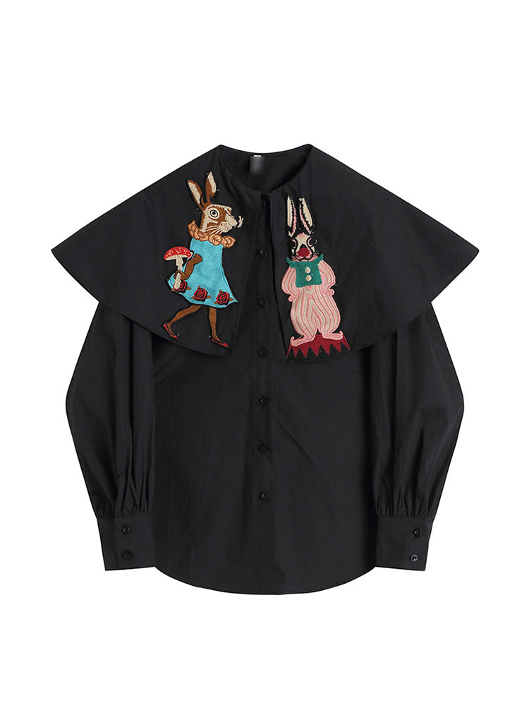 christmas outfit JazzHer Vintage Shirt Women Black 2025 Spring Long Sleeve Casual Oversized Streetwear Sweet Cute Rabbit Print Blouse Fashion Female Tops