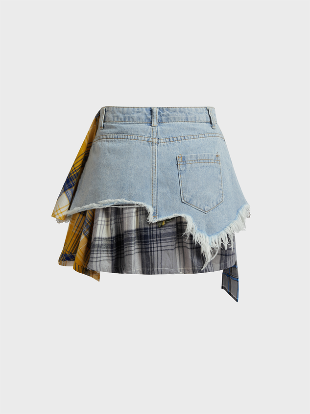 JazzHer 2024 New Denim Color Block Mini Denim Skirt