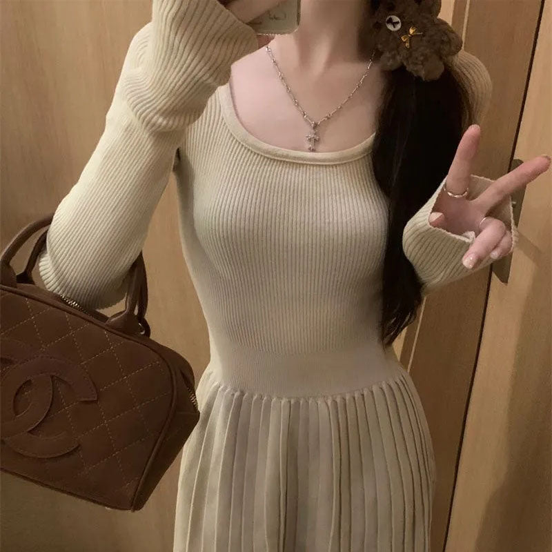 JazzHer Grey Long Sleeve Knit Dresses Women Korean Vintage Slim Mini Dress Fashion Preppy Style Pleated Dress Female Autumn Winter New