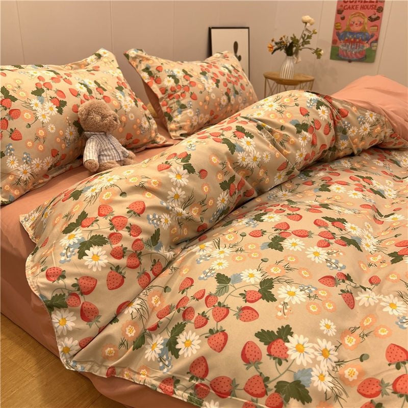 JazzHer Cute Bear Bedding Set Cartoon Floral And Animal Duvet Cover Blue Flat Sheet Soft Polyester Kawaii Queen Full Size Bed Linen