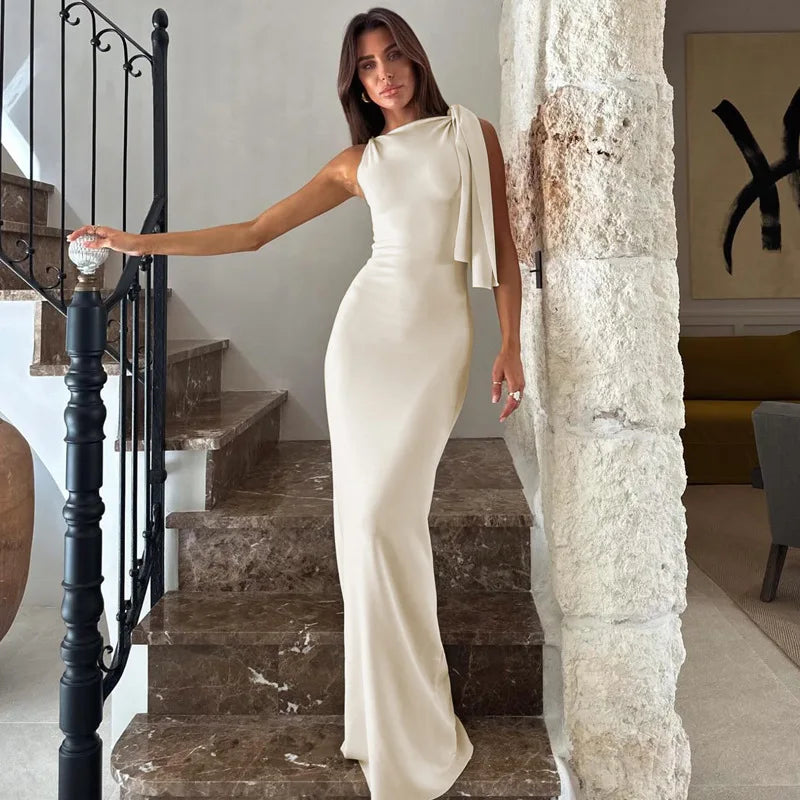 JazzHer New Elegant Lace Up White Long Dress Lady Summer Sleeveless Round Neck Bodycon Maxi Dresses 2025 Summer Lady Holiday Club Robes