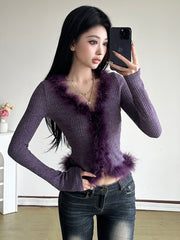 JazzHer Aesthetic Streetwear Hotsweet Sweater Women Y2k E-girl Pastel Goth Fur Patchwork Long Sleeve V-neck Knitted Tops Female