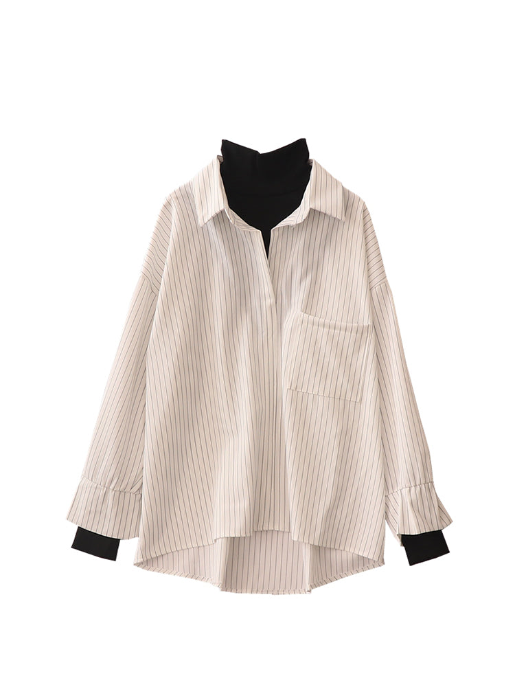 christmas outfit JazzHer Fake Two Piece Striped Shirt Women Patchwork Knitted Turtleneck 2025 Autumn Winter Long Sleeve Casual Loose Female Blouse Tops