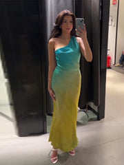 JazzHer Elegant Gradient One Shoulder Long Dress Women Satin Sleeveless Backless Female Party Dresses 2024 Summer Lady Tie Dyed Robe New